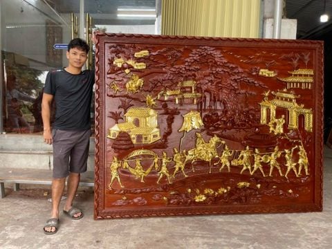 Tranh Gỗ Vinh Quy Bái Tổ Ván Đôi Kích Thước 257*175*6 Cm Hương Đỏ