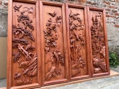 Tranh Tứ Quý Gỗ Tùng Cúc Trúc Mai Kênh Bong Kích Thước 127*42*5 Cm Gỗ Hương Đá