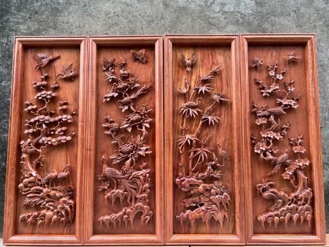 Tranh Tứ Quý Gỗ Hương Đá Tùng Cúc Trúc Mai Kênh Bong Kích Thước 127*47*5 Cm