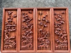 Tranh Tứ Quý Gỗ Hương Đá Tùng Cúc Trúc Mai Kênh Bong Kích Thước 127*47*5 Cm