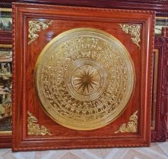 Tranh Trống Đồng Khung Gỗ Hương Mặt Dát Vàng 18K Kích Thước 90*90 Cm