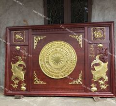 Tranh Trống Gỗ Lý Ngư Vọng Nguyệt Dát Vàng 18K Kích Thước 200*130 Cm