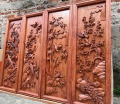 Tranh Tứ Quý Gỗ Tùng Cúc Trúc Mai Kênh Bong Kích Thước 127*42*5 Cm Gỗ Hương Đá
