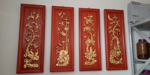 Tranh Tứ Quý Gỗ Tùng Cúc Trúc Mai Dát Vàng Kích Thước 107*37*4 Cm Gỗ Hương Đỏ