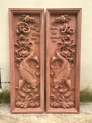 Tranh Gỗ Lý Ngư Vọng Nguyệt Kích Thước 127*42*6 Cm Gỗ Hương Đá
