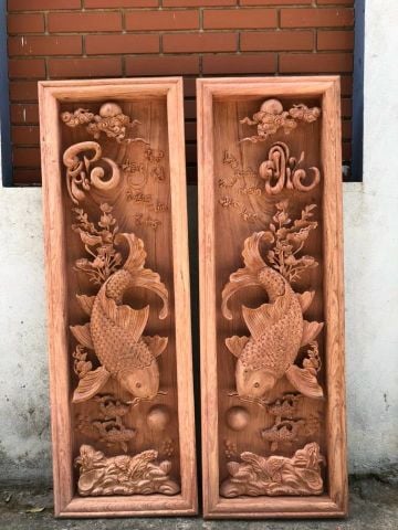 Tranh Gỗ Lý Ngư Vọng Nguyệt Kích Thước 127*42*8 Cm Gỗ Hương Đá