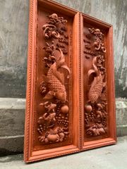 Tranh Gỗ Lý Ngư Vọng Nguyệt Kích Thước 127*42*10 Cm Gỗ Hương Đá