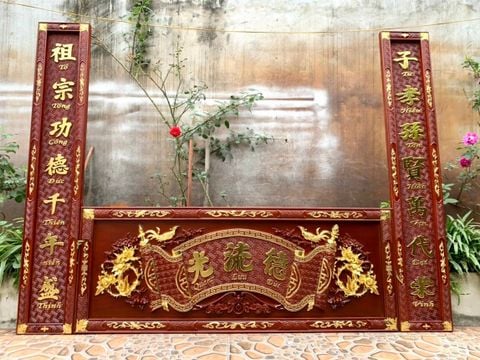 Hoành Phi Câu Đối Gỗ Hương Đỏ Đức Lưu Quang Kích Thước Hoành Phi 197*69*4 - Câu Đối 197*28*4