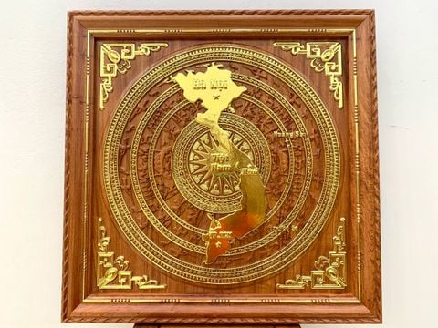 Tranh Trống Đồng Bằng Gỗ Bản Đồ Việt Nam Kích Thước 89*89 Cm Dát Vàng