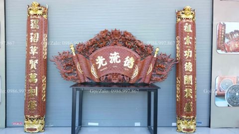 Cuốn Thư Câu Đối Gỗ Hương Đá Mai Hoá Rồng Kích Thước Cuốn Thư 197*87*4 - Câu Đối Ôm Cột Đường Kính 32cm