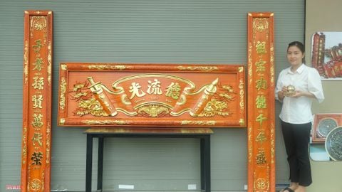 Hoành Phi Câu Đối Mai Đào Kích Thước Hoành Phi 175*67*4 - Câu Đối 175*28*4 Gỗ Hương Đỏ