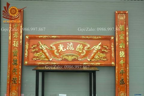Hoành Phi Câu Đối Mai Đào Kích Thước Hoành Phi 127*50*4 - Câu Đối 127*26*4 Gỗ Hương Đỏ