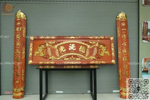 Hoành Phi Câu Đối Kích Thước Hoành Phi 197*69*5 - Câu Đối 197*30*4 Lòng Máng Gỗ Hương Đỏ Nguyên Khối