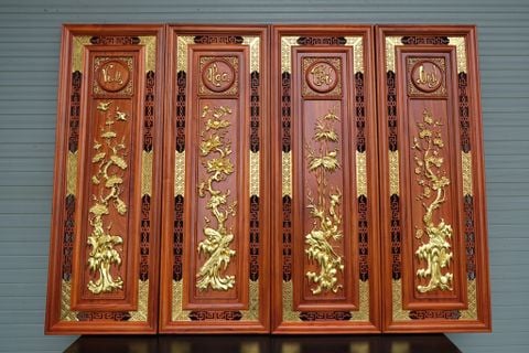 Tranh Tứ Quý Gỗ Tùng Cúc Trúc Mai Dát Vàng Kích Thước 107*37*3 Cm Gỗ Hương Đỏ- Vinh Hoa Phú Quý
