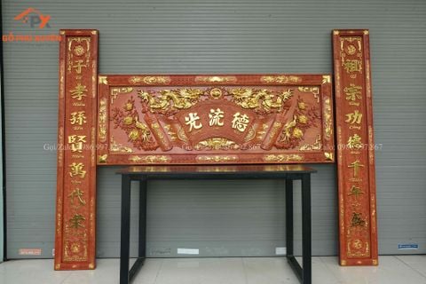 Hoành Phi Câu Đối Gỗ Quang Lưu Đức Dát Vàng Kích Thước Hoành Phi 155*61*4 - Câu Đối 155*28*4 Gỗ Hương Đỏ - Song Long Chầu nguyệt