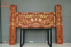 Hoành Phi Câu Đối Gỗ Quang Lưu Đức Dát Vàng Kích Thước Hoành Phi 155*61*4 - Câu Đối 155*28*4 Gỗ Hương Đỏ - Song Long Chầu nguyệt