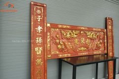 Hoành Phi Câu Đối Gỗ Quang Lưu Đức Dát Vàng Kích Thước Hoành Phi 155*61*4 - Câu Đối 155*28*4 Gỗ Hương Đỏ - Song Long Chầu nguyệt