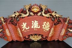 Cuốn Thư Câu Đối Gỗ Hương Đỏ Đục Rồng Kích Thước Cuốn Thư 197*87*4 - Câu Đối 197*28*4 Dát Vàng Nhiều