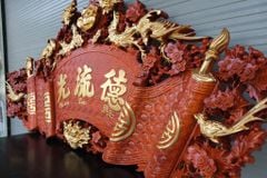 Cuốn Thư Câu Đối Gỗ Hương Đỏ Đục Rồng Kích Thước Cuốn Thư 197*87*4 - Câu Đối 197*28*4 Dát Vàng Nhiều