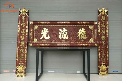 Bộ Hoành Phi Câu Đối Gỗ Liền Khối Kích Thước Hoành Phi 175*67 K6V2- Câu Đối 175*28*4 Gỗ Gụ Lào
