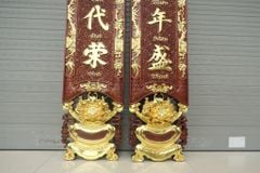 Bộ Hoành Phi Câu Đối Gỗ Liền Khối Kích Thước Hoành Phi 197*67 K6V3- Câu Đối 197*28*4 Gỗ Gụ Lào