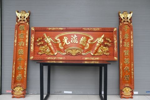 Bộ Hoành Phi Câu Đối Gỗ Liền Khối Kích Thước Hoành Phi 197*68*4 - Câu Đối 197*28*4 Gỗ Hương Đỏ - Tích Mai Đào