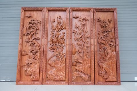 Tranh Tứ Quý Gỗ Tùng Cúc Trúc Mai Kích Thước 117*37*5 Cm Gỗ Hương Đá Khung Hoa Văn
