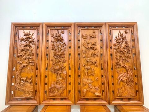 Tranh Tứ Quý Gỗ Tùng Cúc Trúc Mai Kích Thước 127*47*5 Cm Gỗ Gõ
