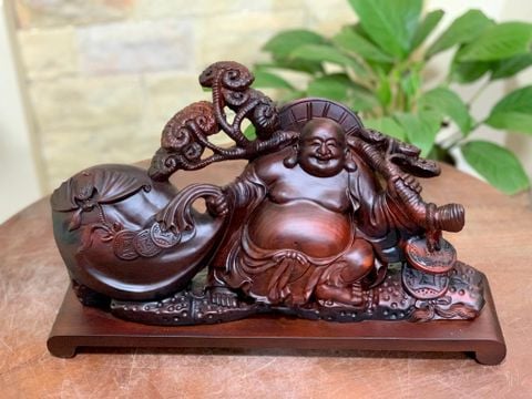 Tượng Phật - Di Lặc Kéo Bao Vác Cành Nấm Linh Chi Kích Thước C22-S8-N22 Gỗ Trắc