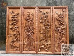 Tranh Tứ Quý Gỗ Tùng Cúc Trúc Mai Kích Thước 117*37*5 Cm Gỗ Hương Đá Khung Hoa Văn