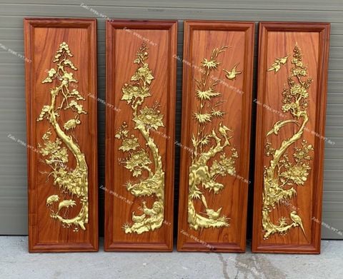 Tranh Tứ Quý Gỗ Tùng Cúc Trúc Mai Kích Thước 107*37*3 Cm Gỗ Hương Đỏ