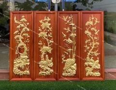 Tranh Tứ Quý Gỗ Tùng Cúc Trúc Mai Dát Vàng Kích Thước 107*37*3 Cm Gỗ Hương Đỏ