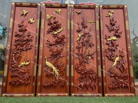 Tranh Tứ Quý Gỗ Tùng Cúc Trúc Mai Kích Thước 117*37*5 Cm Gỗ Hương Đỏ
