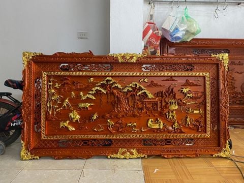 Tranh Gỗ Đồng Quê Kích Thước 155*79*4 Gỗ Hương Đỏ Dát Vàng