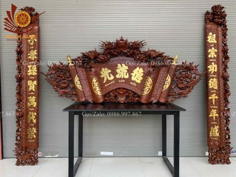 Cuốn Thư Câu Đối Gỗ Gụ Song Long Kích Thước Cuốn Thư 197*87*4 - Câu Đối 197*28*4
