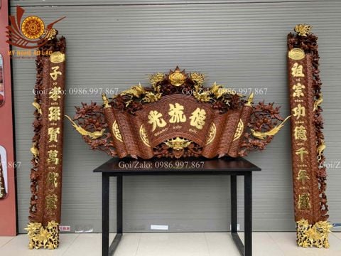 Cuốn Thư Câu Đối Gỗ Gụ Song Long Dát Vàng Theo Yêu Cầu Kích Thước Cuốn Thư 197*87*4 - Câu Đối 197*28*4