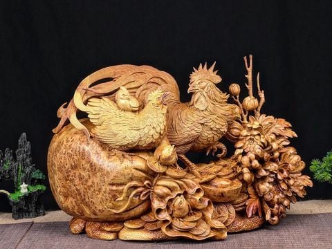 Tượng Linh Vật - Gia đình gà ( toàn gia phúc ) Gà mai hoa mơ liền khối Gỗ nu hương