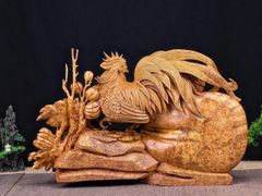Tượng Linh Vật - Gia đình gà ( toàn gia phúc ) Gà mai hoa mơ liền khối Gỗ nu hương