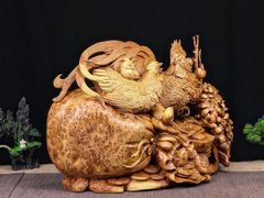 Tượng Linh Vật - Gia đình gà ( toàn gia phúc ) Gà mai hoa mơ liền khối Gỗ nu hương