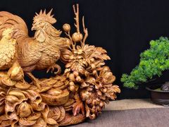 Tượng Linh Vật - Gia đình gà ( toàn gia phúc ) Gà mai hoa mơ liền khối Gỗ nu hương