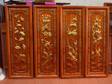 Tranh Tứ Quý Gỗ Tùng Cúc Trúc Mai Dát Vàng Kích Thước 107*37*3 Cm Gỗ Hương Đỏ