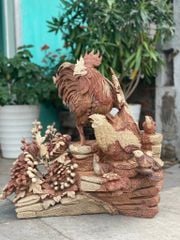 Tượng Linh Vật - Gia đình gà gỗ hương liền khối