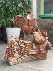 Tượng Linh Vật - Gia đình gà gỗ hương liền khối