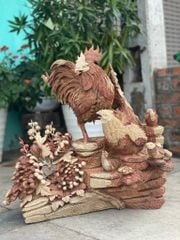 Tượng Linh Vật - Gia đình gà gỗ hương liền khối
