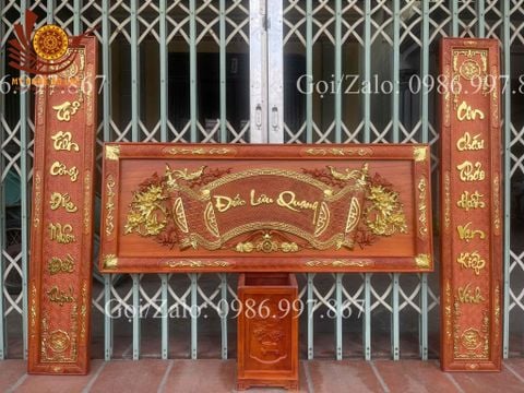 Hoành Phi Câu Đối Gỗ Quang Lưu Đức Dát Vàng Chữ Việt Kích Thước Hoành Phi 175*67*4 - Câu Đối 175*28*4 Gỗ Hương Đỏ