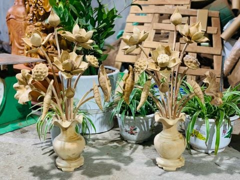Bình Hoa Sen Gỗ Ngọc Am 11 Cành