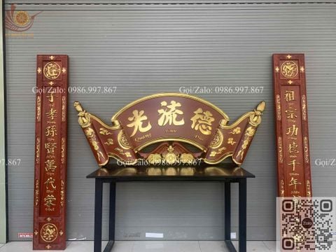 Cuốn Thư Câu Đối Liền Khối Đức Lưu Quang Dát Vàng Kích Thước Cuốn Thư 197*67*6 - Câu Đối 197*28*4 Gỗ Hương Đỏ