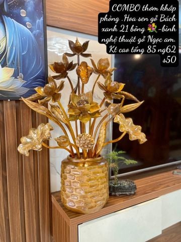 Bình Hoa Sen Gỗ Bách Xanh  Cao Cấp Kích Thước Ngang 62 Cao 85 Sâu 50 Cm