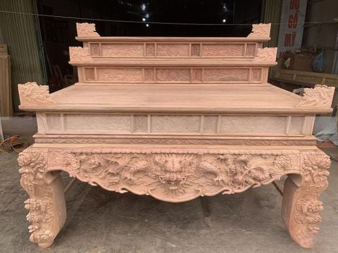 Bàn Thờ Đứng Gỗ Hương Đá Ngang 197cm Tam Cấp - Đục Tứ Linh