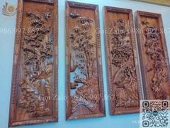 Tranh Tứ Quý Gỗ Tùng Cúc Trúc Mai Kích Thước 117*37*5 Cm Gỗ Hương Đá Khung Hoa Văn